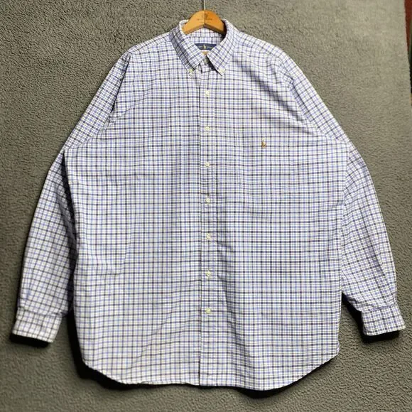 Polo Ralph Lauren Shirt Mens 2XLT Tall Blue Plaid Oxford Button Up Flesh Pony - Picture 9 of 16